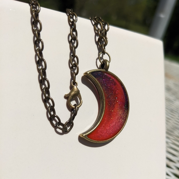 Crescent Moon Bronze Necklace Handmade Resin Artisan Hand Crafted Jewelry - Picture 7 of 9